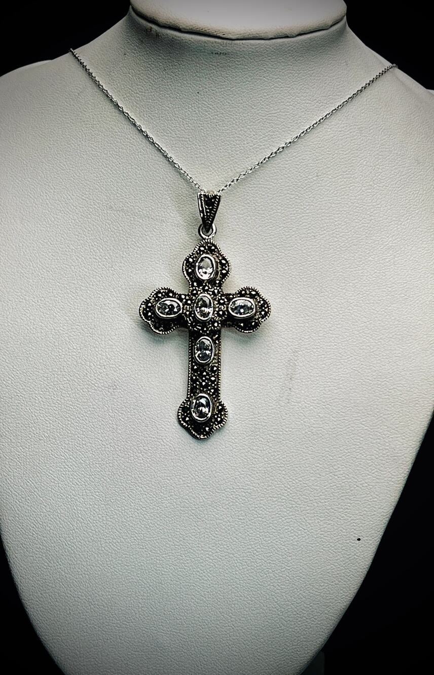 Vintage Sterling , Marcasite and Quartz Large Cross Pendant